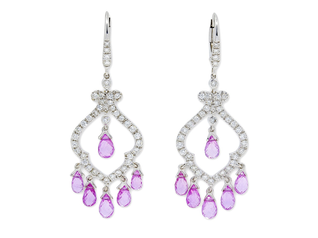 Diamond and Pink Sapphire Chandelier Earrings in 18K White Gold