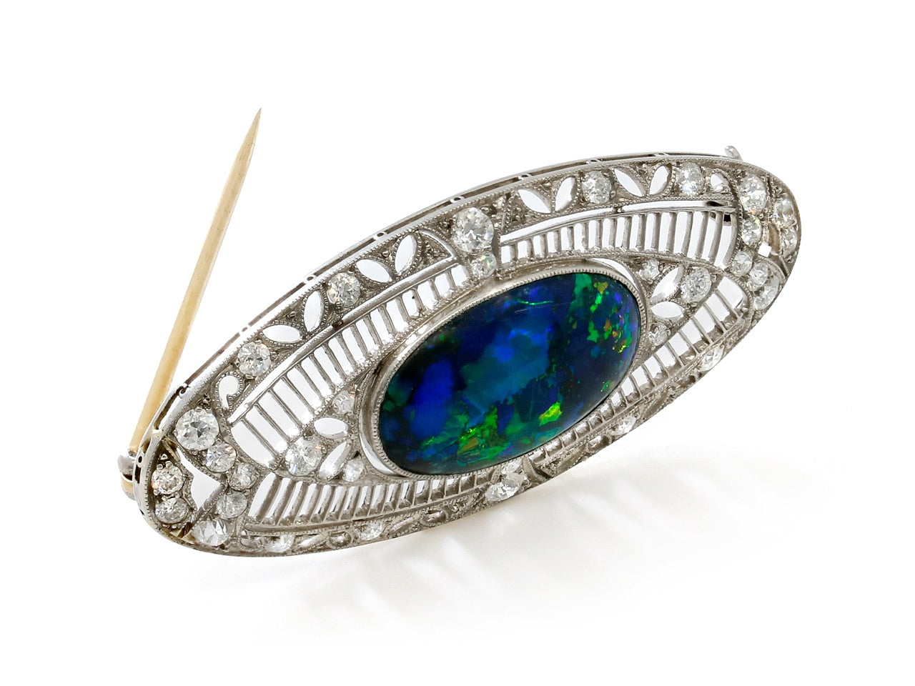 Marcus & Co. Black Opal and Diamond Brooch in Platinum