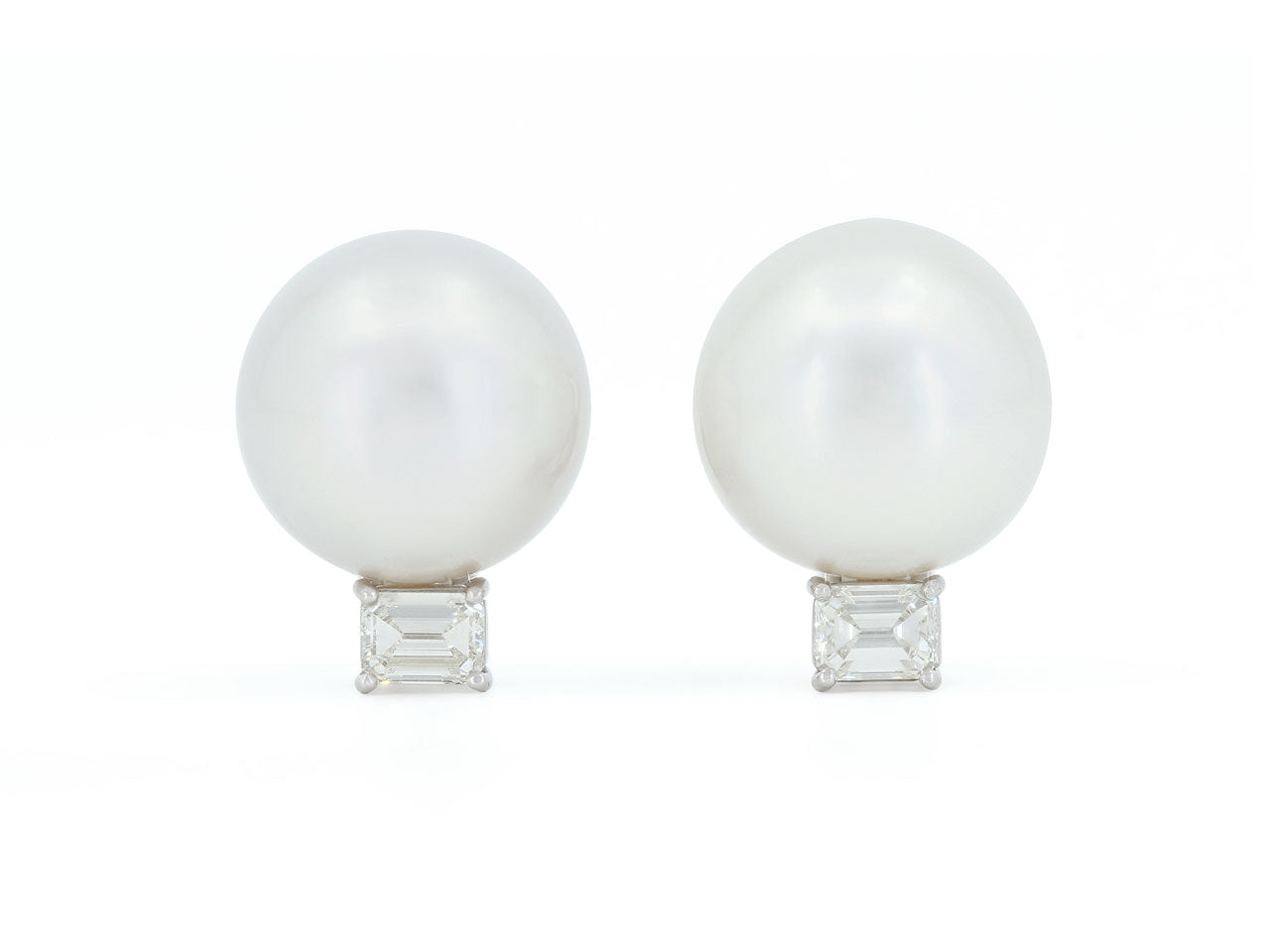 South Sea Pearl and Emerald Cut Diamond Earrings in Platinum