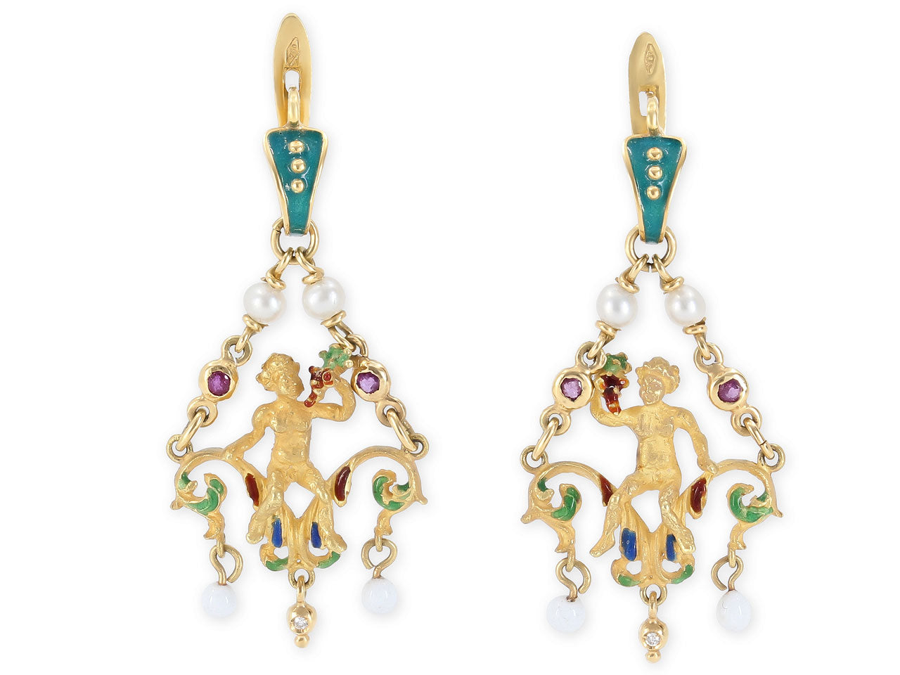 Antique-Style Bacchus Enamel and Diamond Earrings in 18K Gold