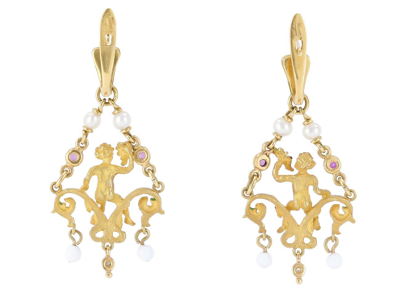 Antique-Style Bacchus Enamel and Diamond Earrings in 18K Gold