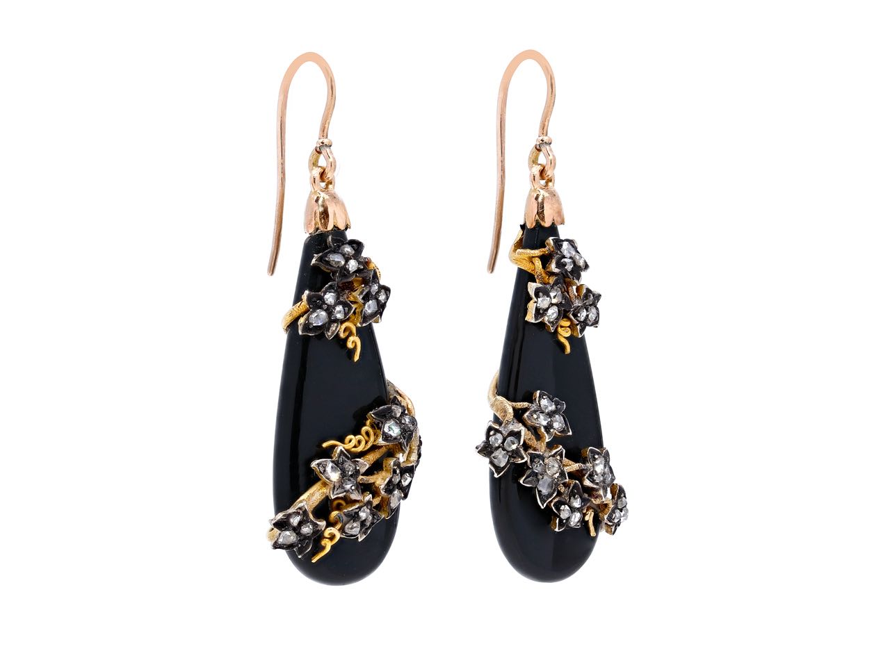 Antique Victorian Diamond and Onyx Drop Earrings in Silver and 14K Gold