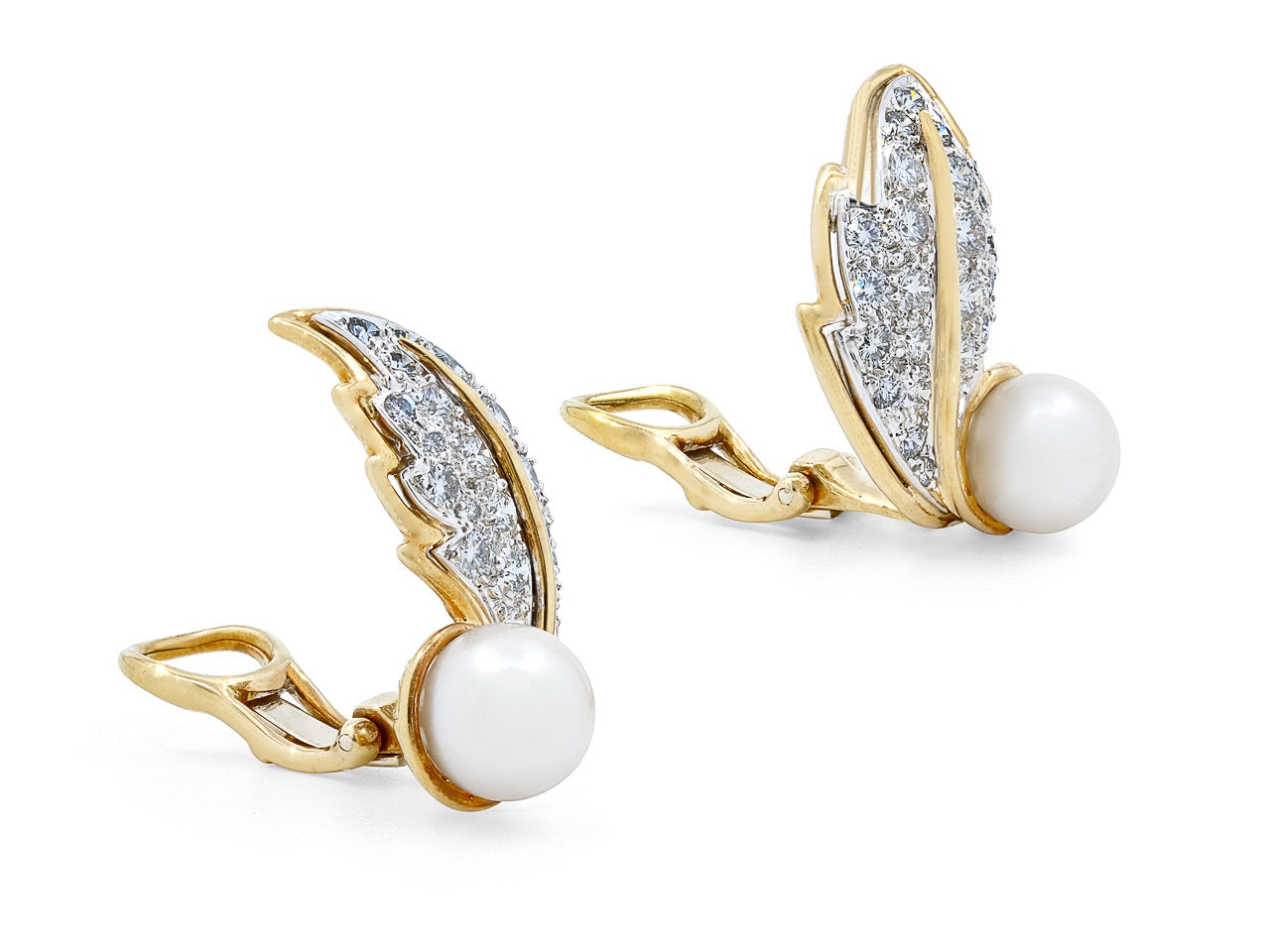 Hammerman Brothers Diamond and Pearl Leaf Earrings in 18K Gold