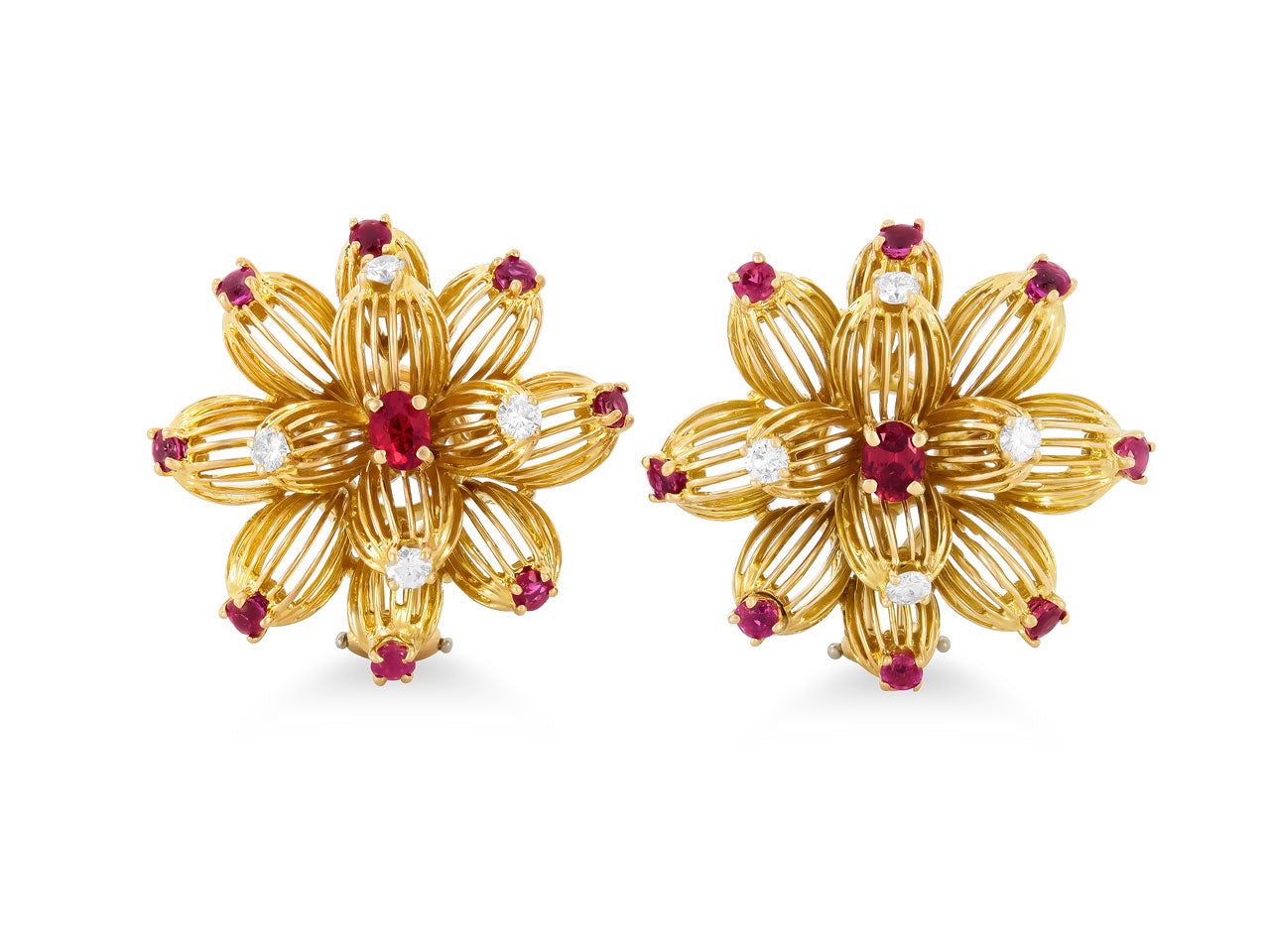 Ruby and Diamond Floral Earrings in 18K Gold