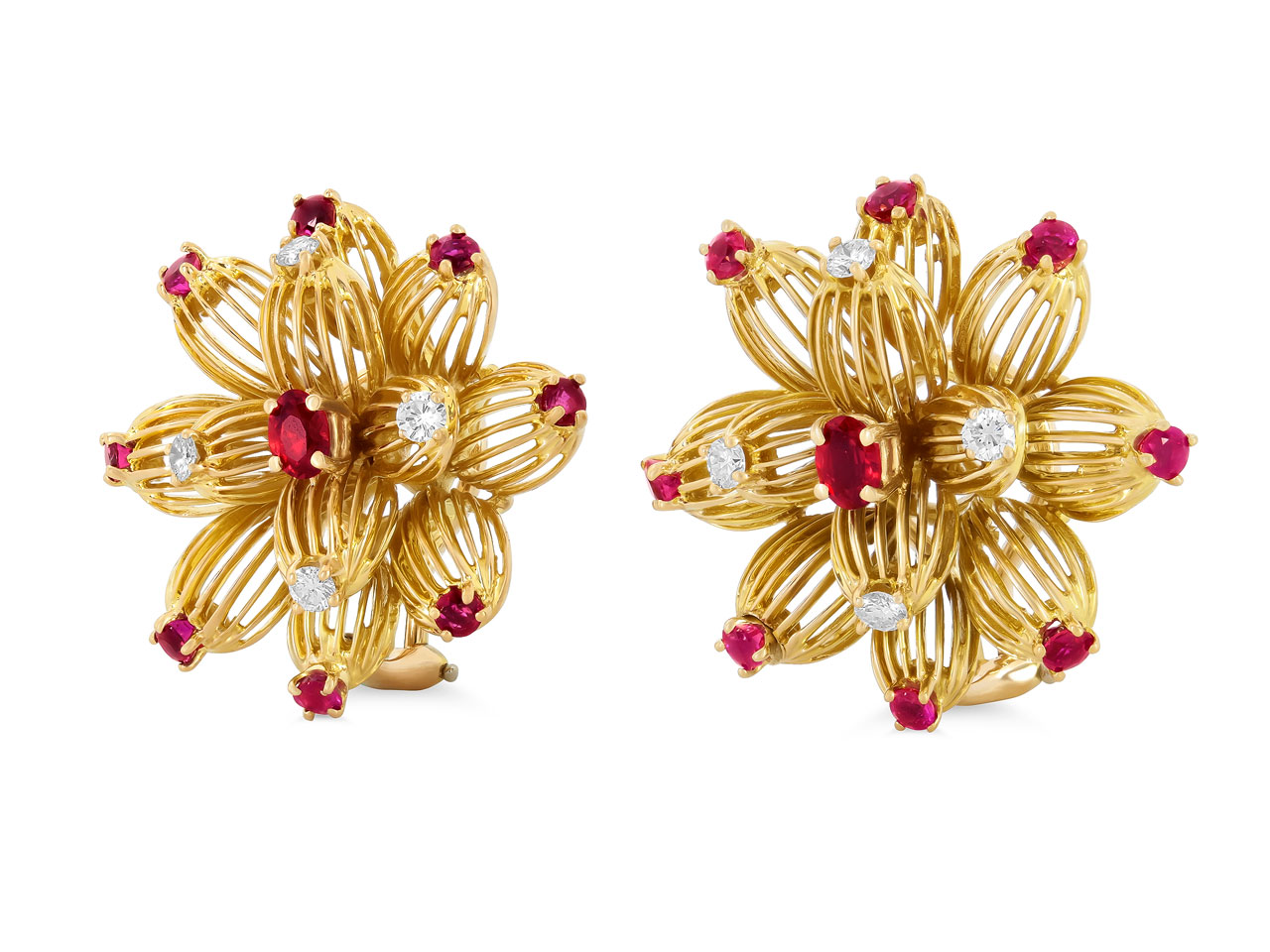 Ruby and Diamond Floral Earrings in 18K Gold