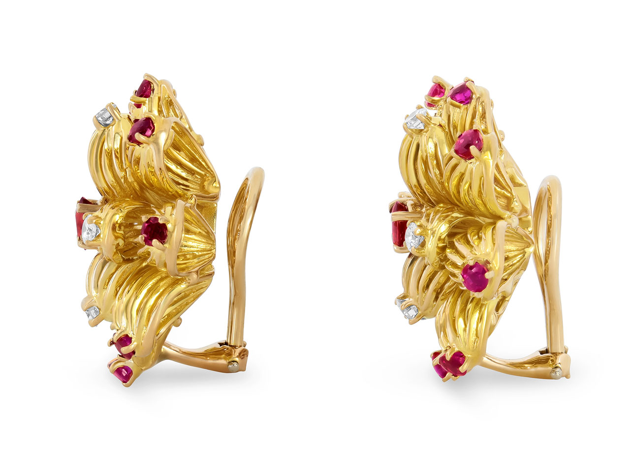 Ruby and Diamond Floral Earrings in 18K Gold