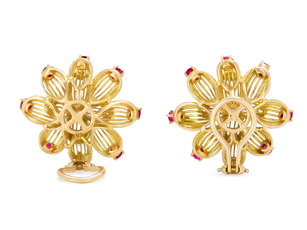 Ruby and Diamond Floral Earrings in 18K Gold