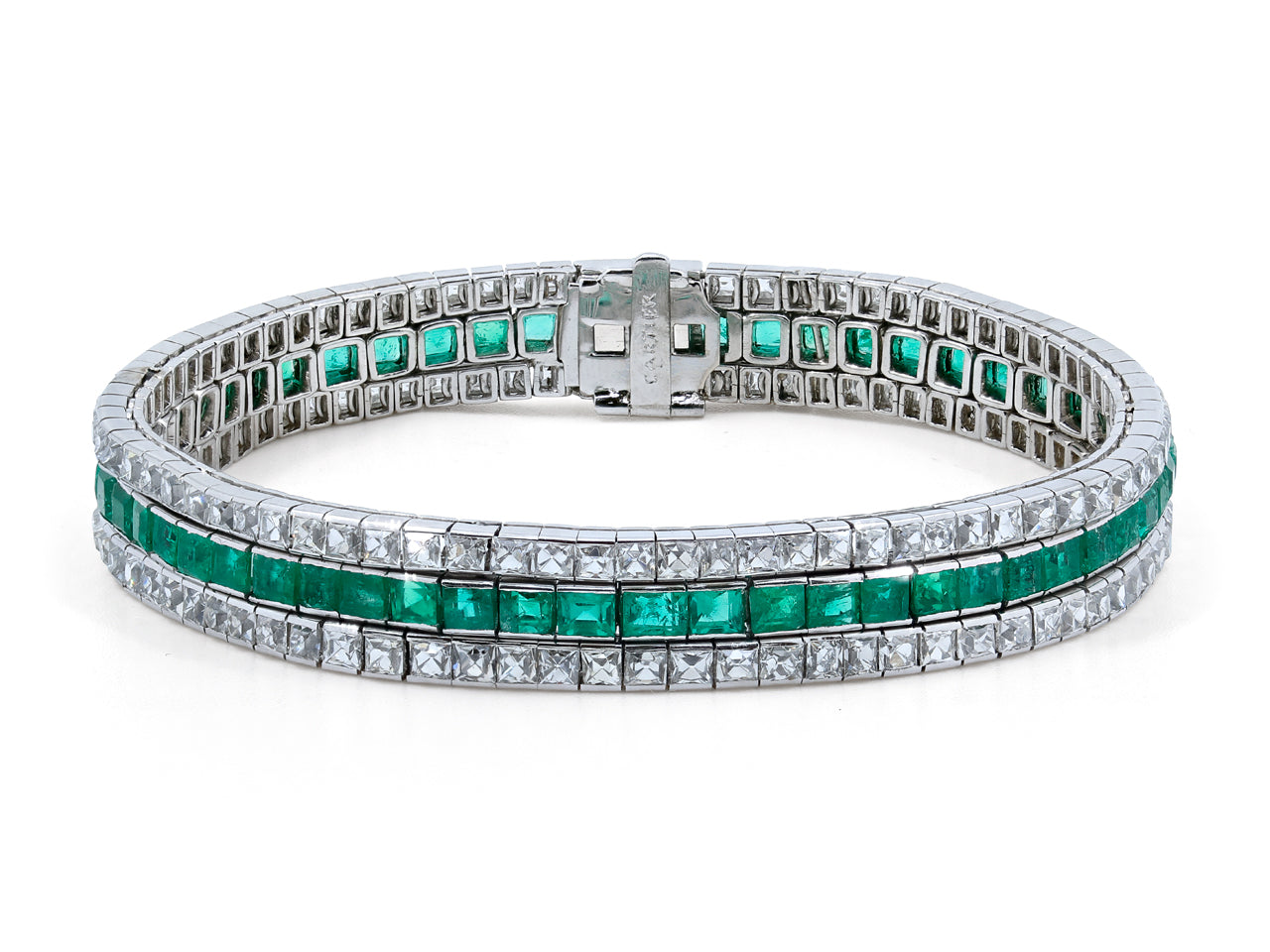 Art Deco Three Row Emerald and French-cut Diamond Bracelet