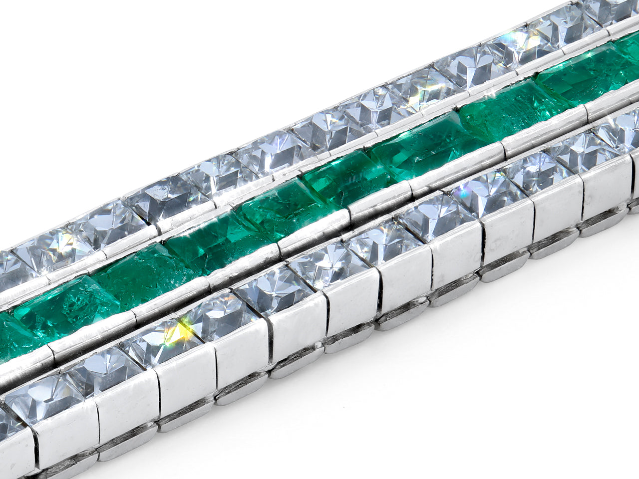 Art Deco Three Row Emerald and French-cut Diamond Bracelet