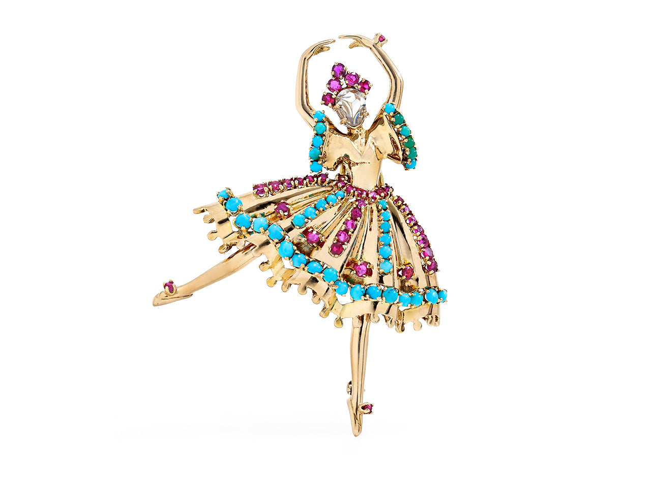 Retro Diamond, Ruby and Turquoise Ballerina Brooch in 14K Gold, by John Rubel Co.