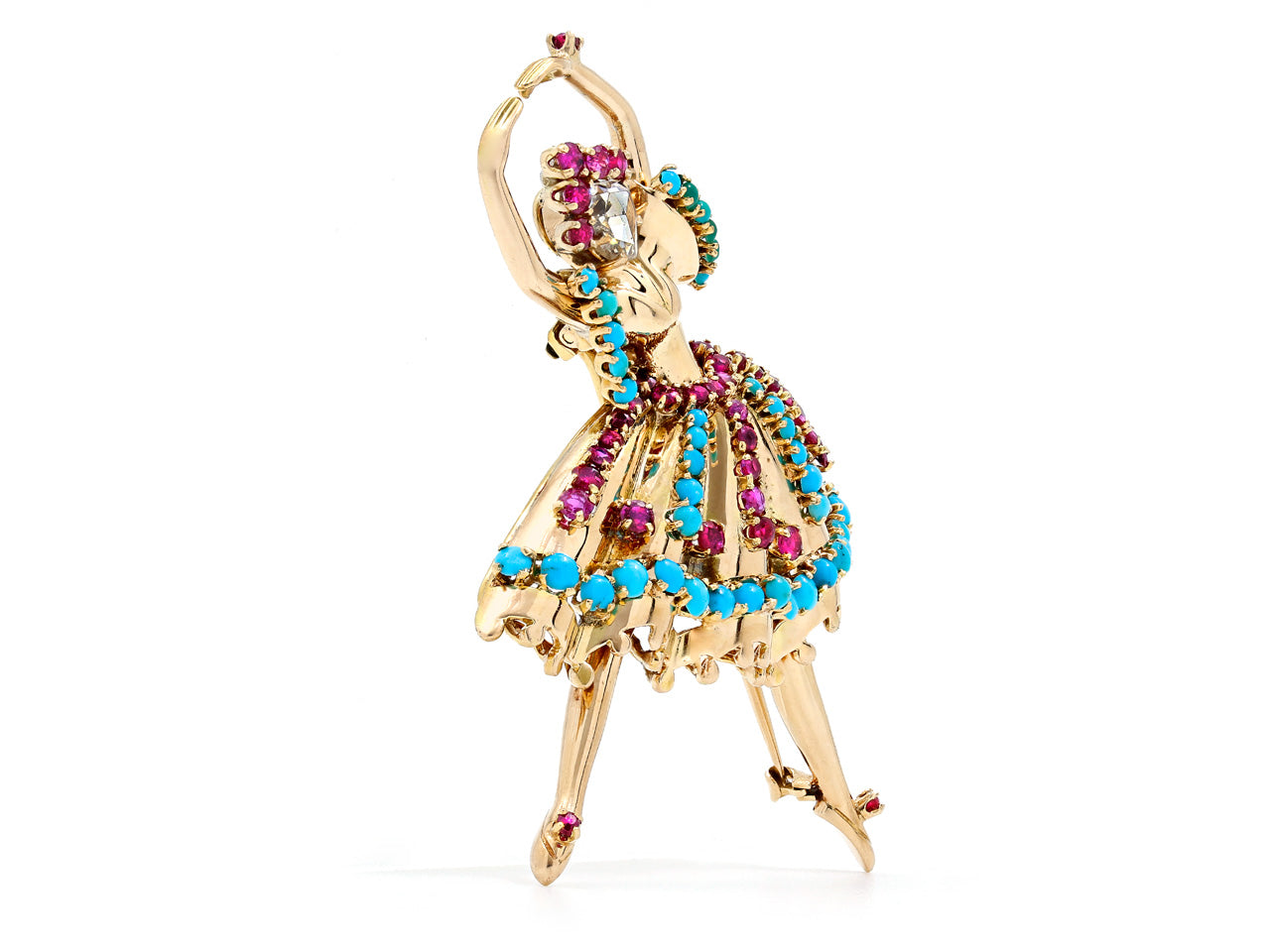 Retro Diamond, Ruby and Turquoise Ballerina Brooch in 14K Gold, by John Rubel Co.