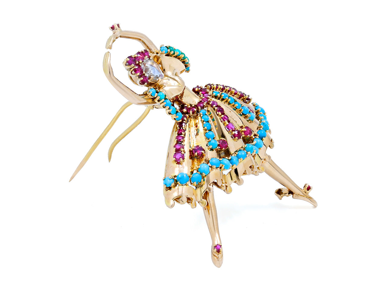 Retro Diamond, Ruby and Turquoise Ballerina Brooch in 14K Gold, by John Rubel Co.