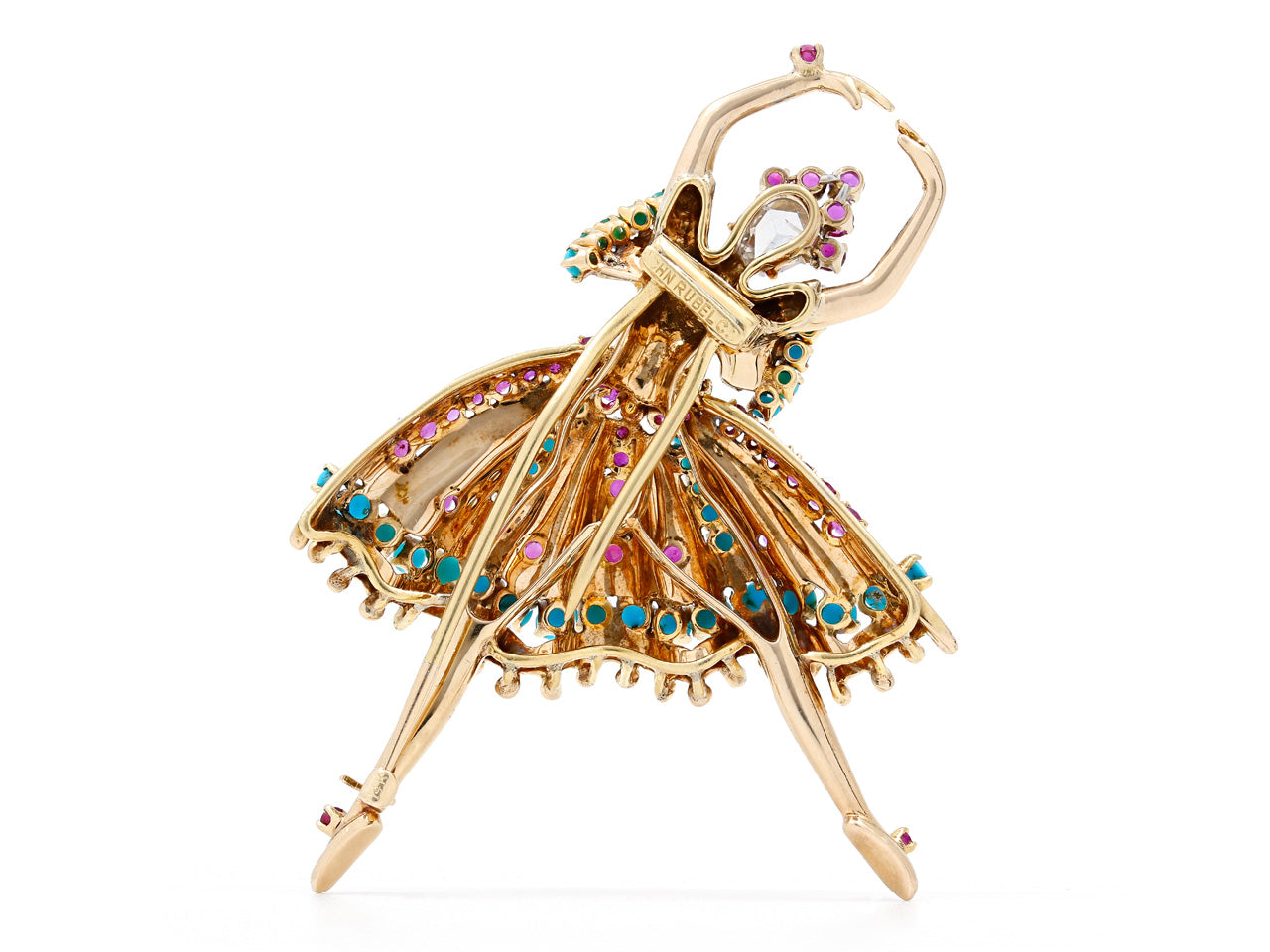 Retro Diamond, Ruby and Turquoise Ballerina Brooch in 14K Gold, by John Rubel Co.