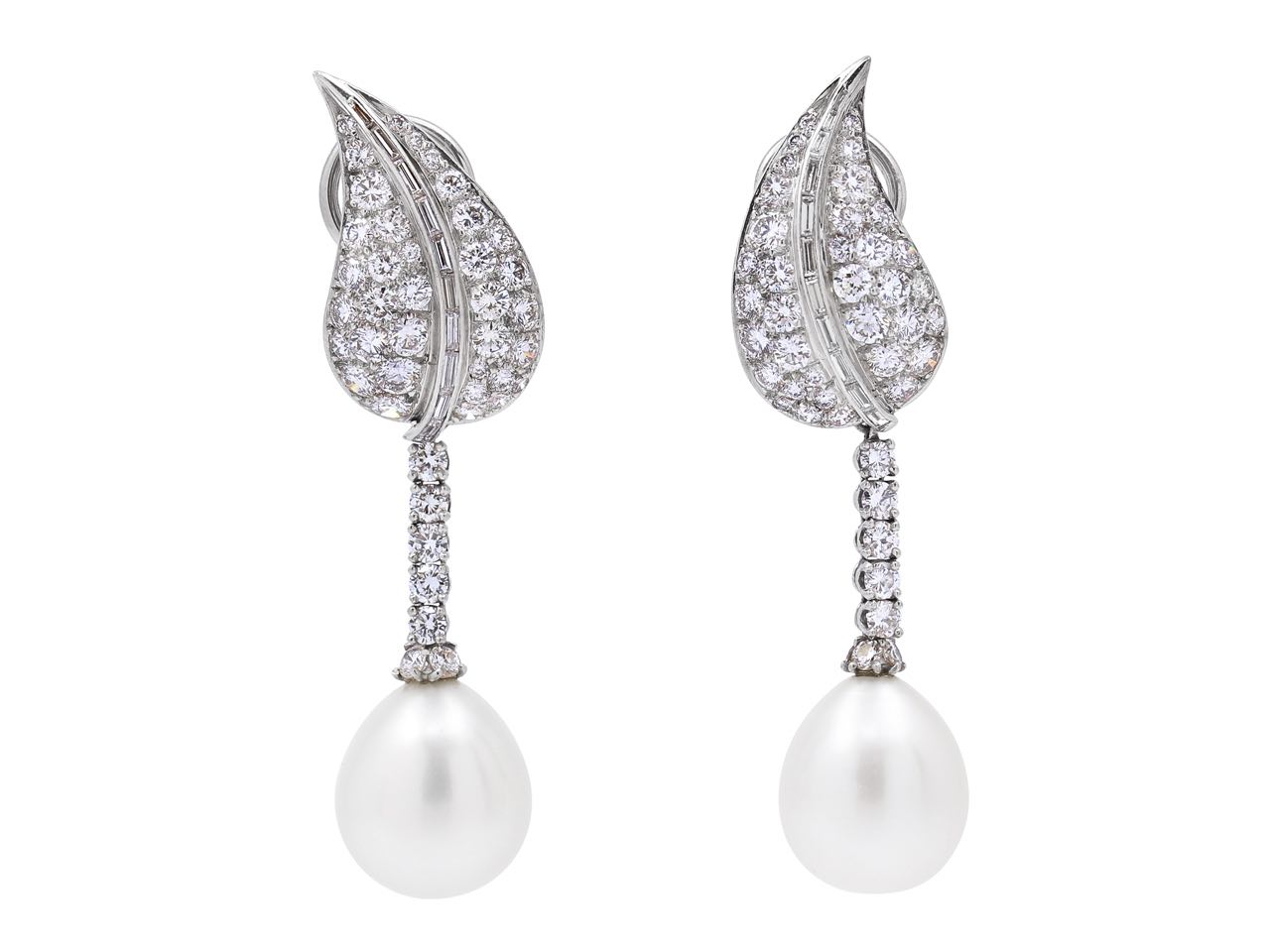 South Sea Pearl and Diamond Drop Earrings in Platinum