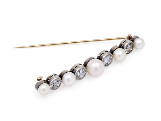 Antique Edwardian Pearl and Diamond Brooch in Platinum over Gold