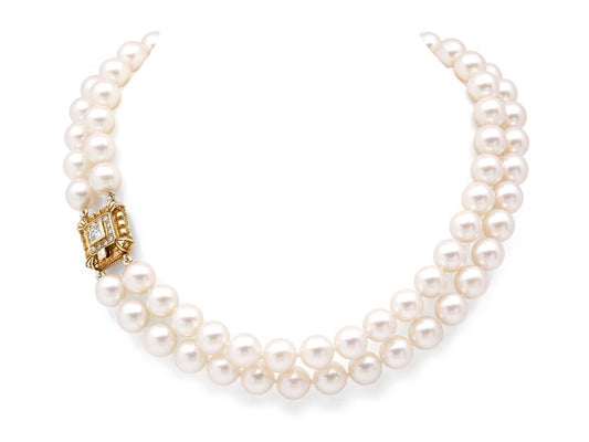 Double Strand Pearl Necklace with Diamond Clasp in 18K Gold