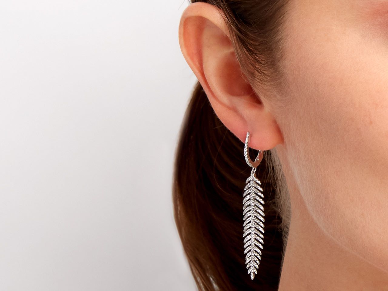 Diamond Feather Earrings in 18K White Gold, Medium