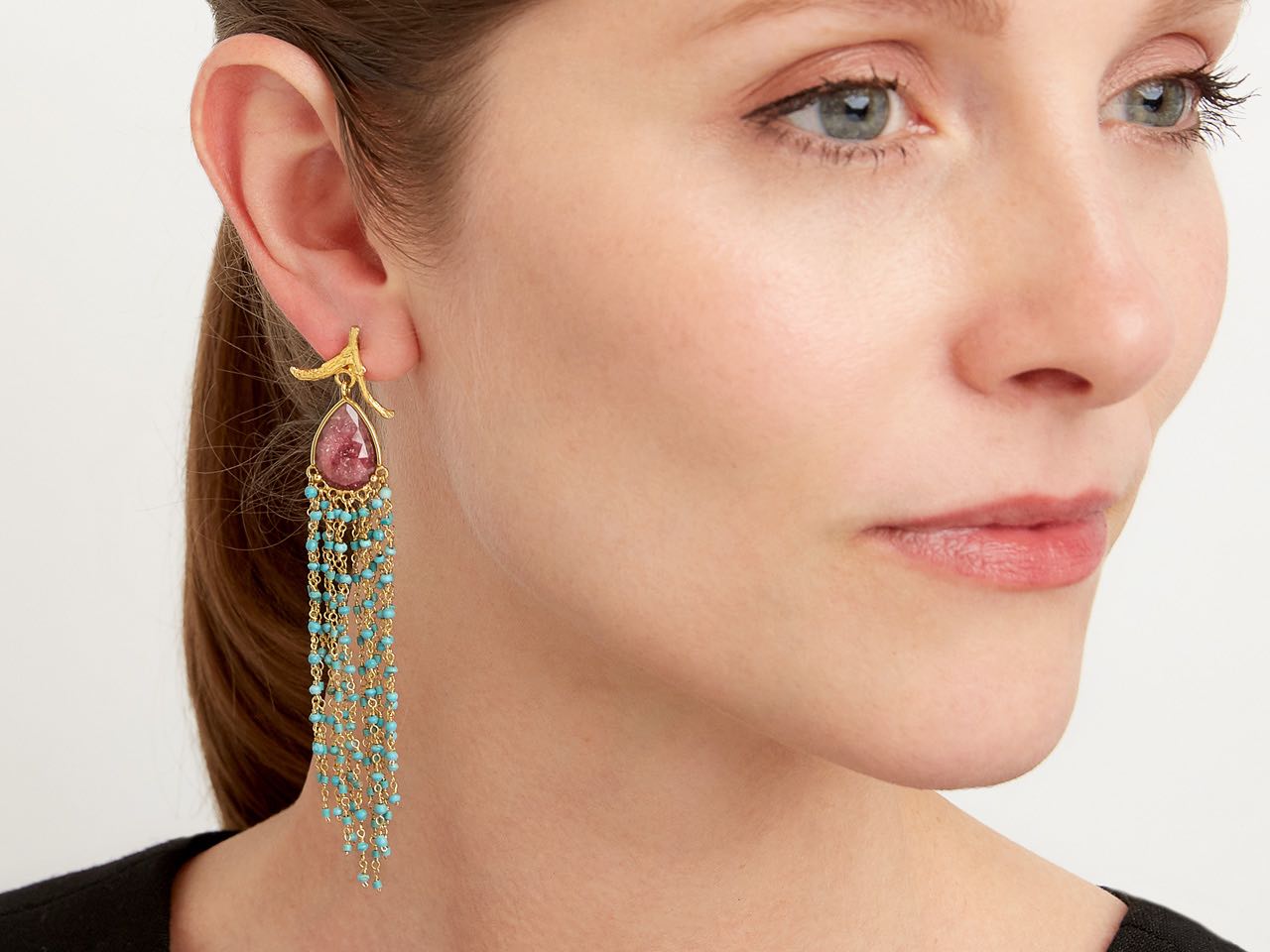 K. Brunini Tourmaline and Turquoise Cascade Earrings in 18K Gold