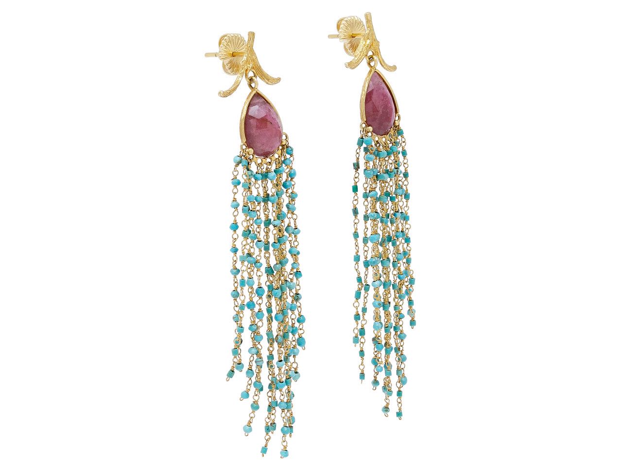 K. Brunini Tourmaline and Turquoise Cascade Earrings in 18K Gold