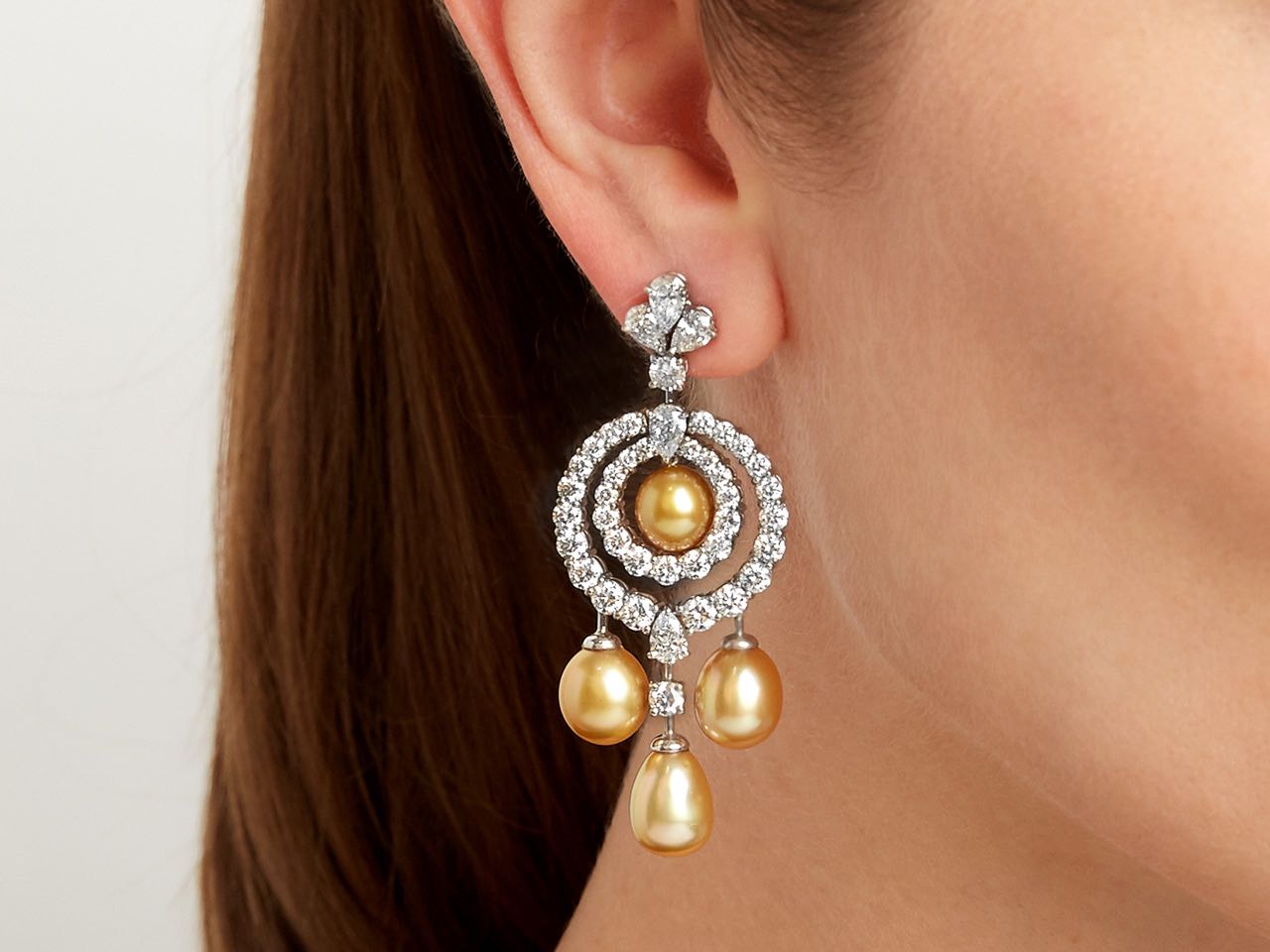 Golden South Sea Pearl and Diamond Drop Earrings in 18K White Gold