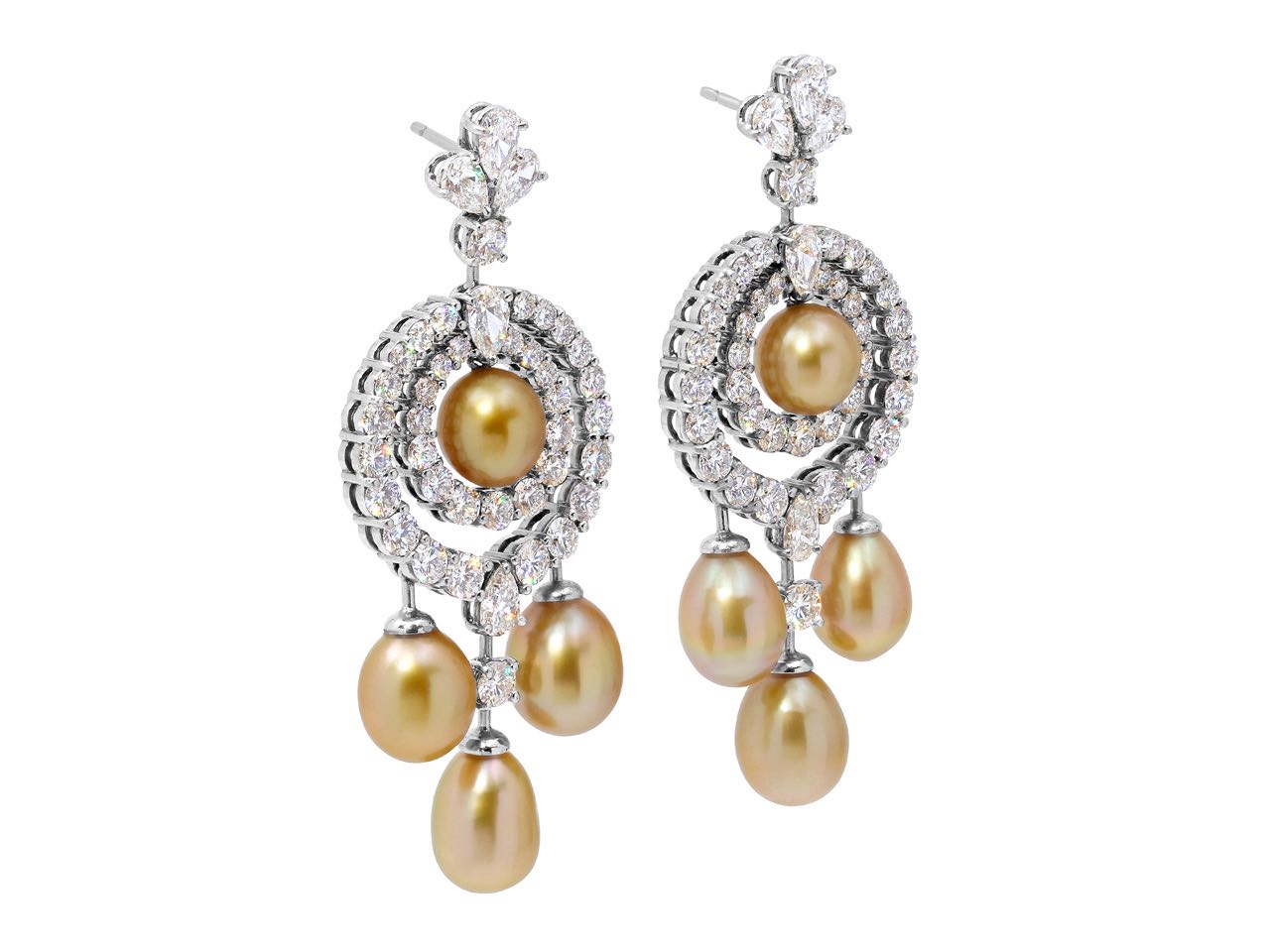 Golden South Sea Pearl and Diamond Drop Earrings in 18K White Gold