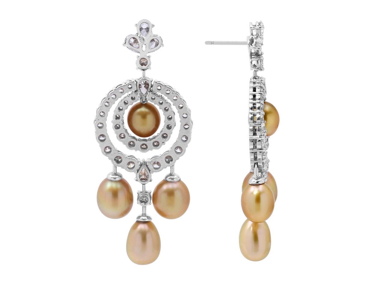 Golden South Sea Pearl and Diamond Drop Earrings in 18K White Gold