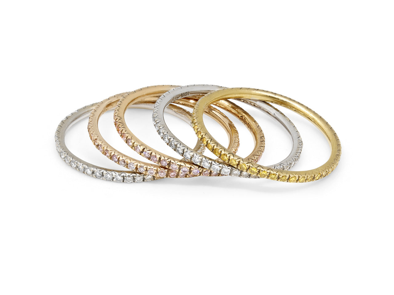 Set of Five Micro Pavé Diamond Bands in 18K Gold, by Alan Friedman