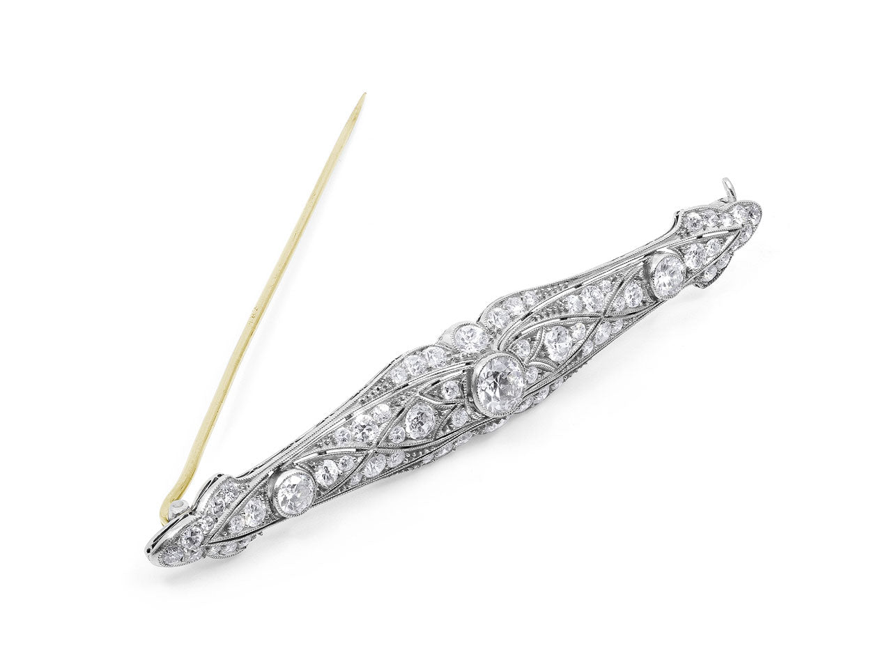 Art Deco Transitional Cut Diamond Bar Brooch in Platinum