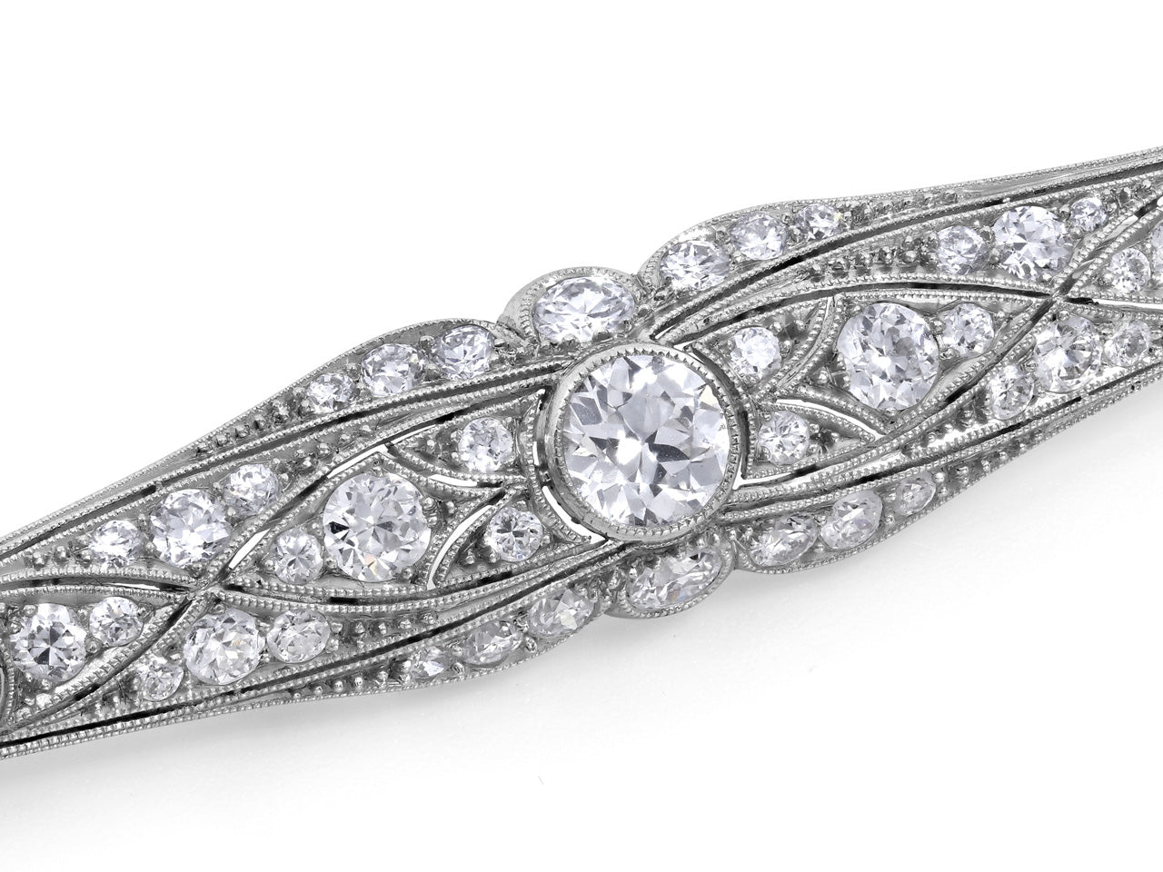 Art Deco Transitional Cut Diamond Bar Brooch in Platinum