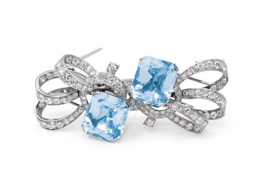 Retro Aquamarine Double Clip-Brooch in Platinum and 18K White Gold, French