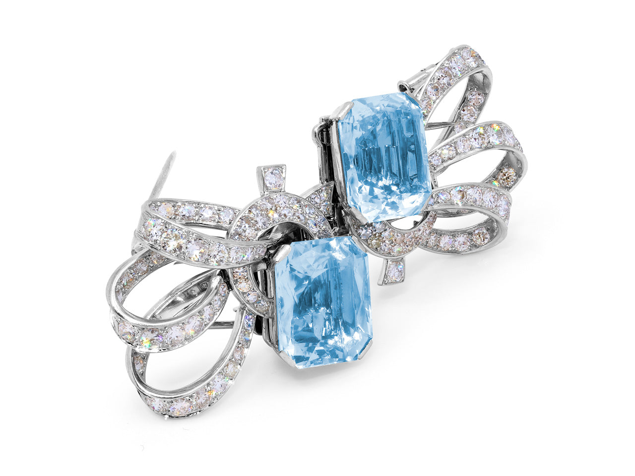 Retro Aquamarine Double Clip-Brooch in Platinum and 18K White Gold, French