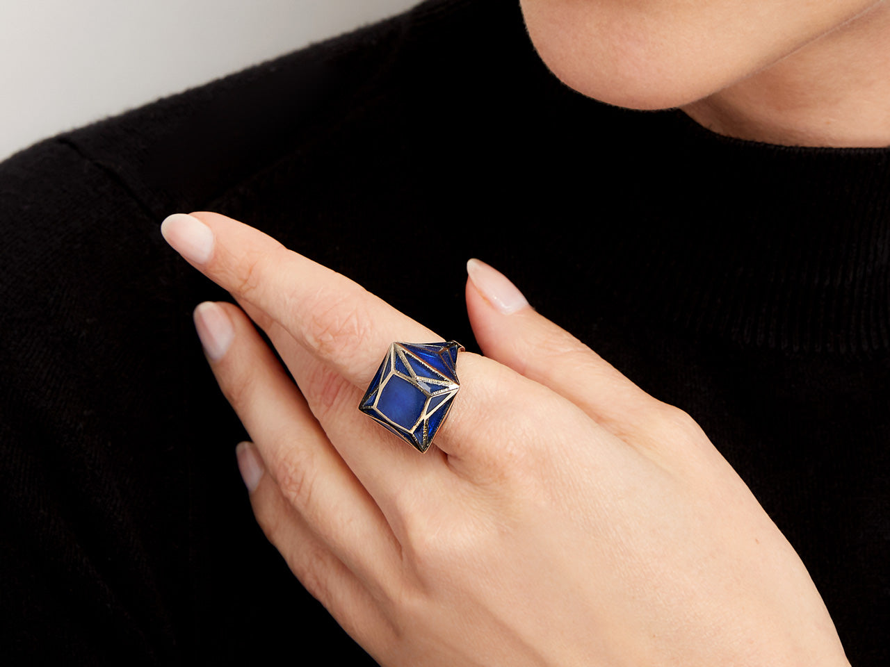 Solange Azagury-Partridge 'Real Fake' Square Blue Enamel Ring in 18K White Gold