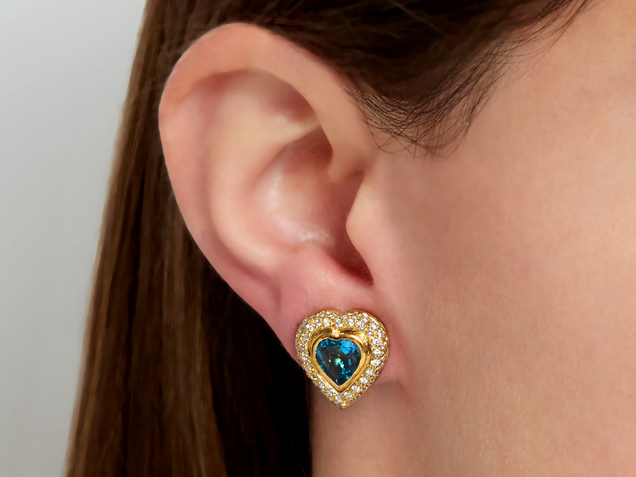 Diamond and Blue Topaz Heart Earrings in 18K Gold