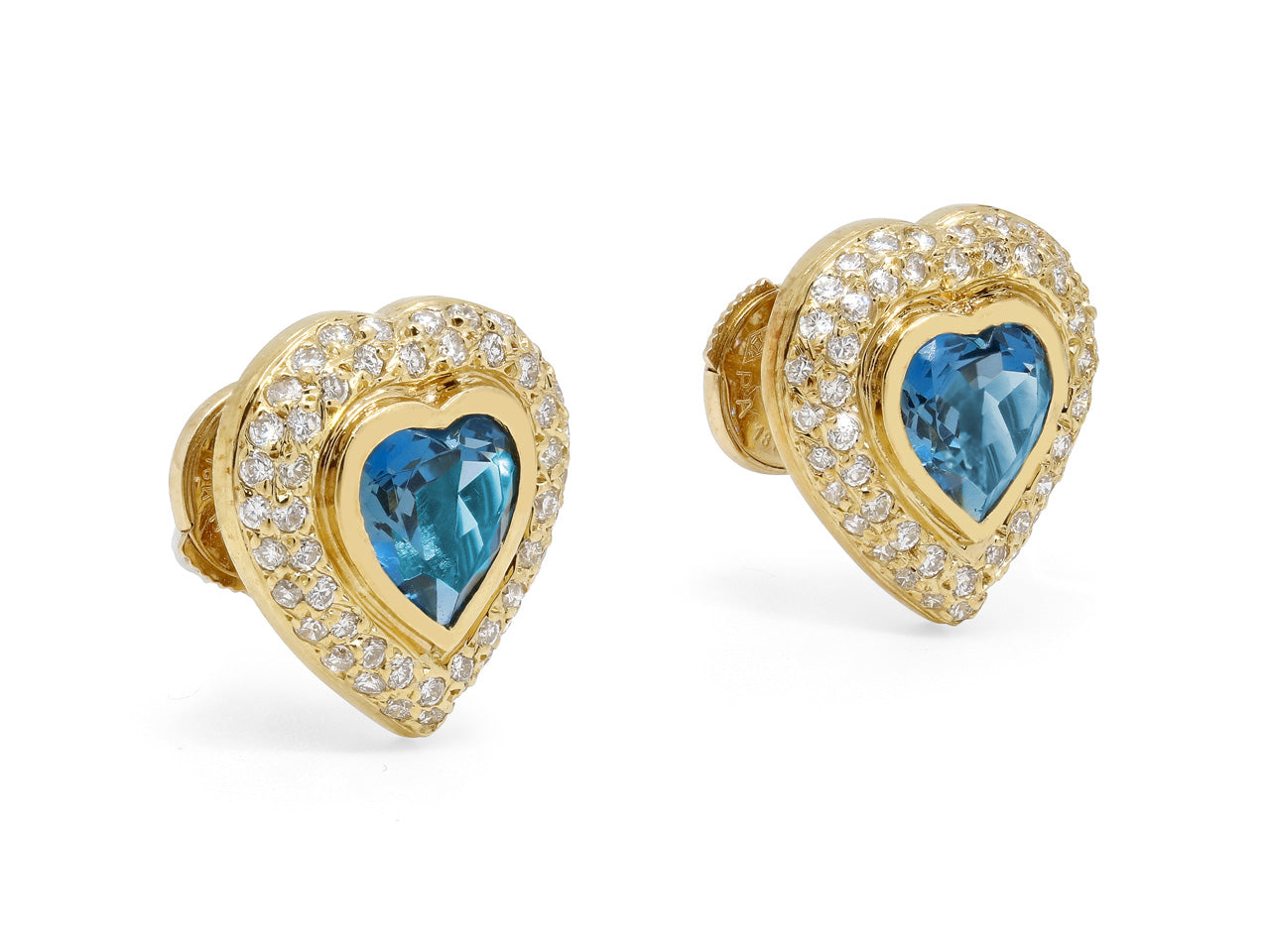 Diamond and Blue Topaz Heart Earrings in 18K Gold