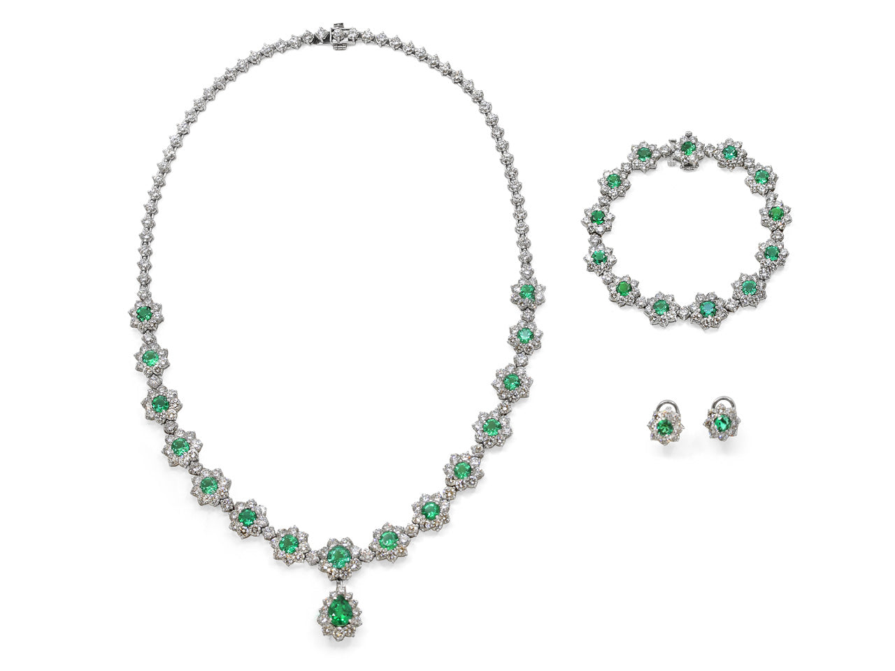 Suite of Emerald and Diamond Cluster Necklace, Bracelet and Earrings in Platinum