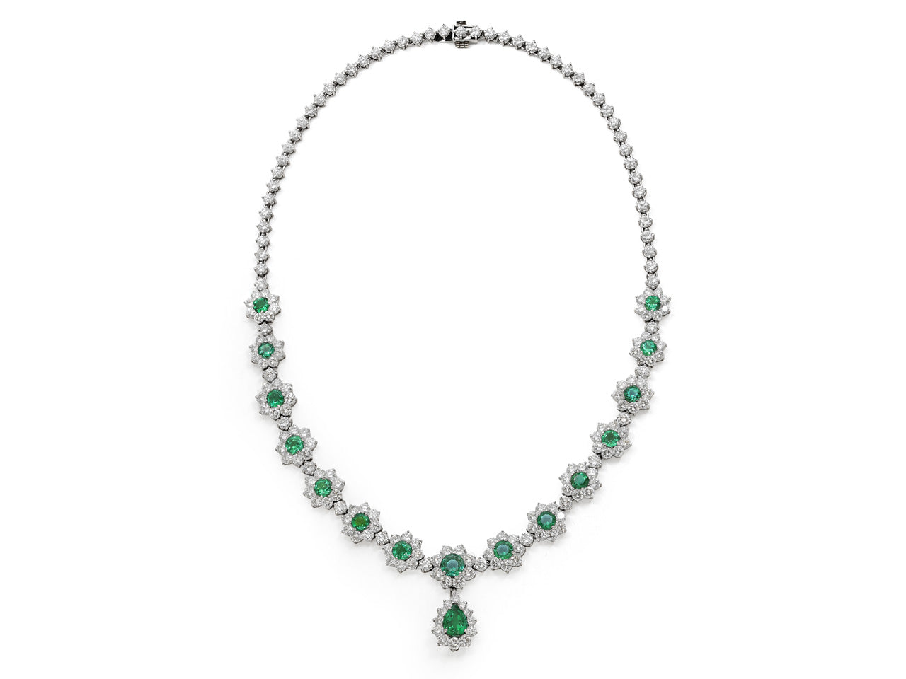 Suite of Emerald and Diamond Cluster Necklace, Bracelet and Earrings in Platinum