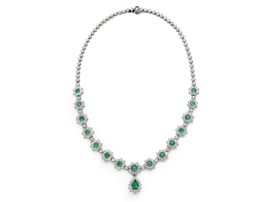 Suite of Emerald and Diamond Cluster Necklace, Bracelet and Earrings in Platinum