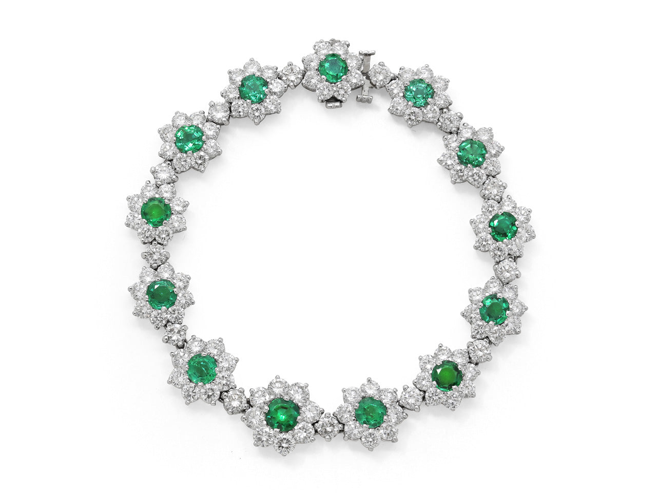 Suite of Emerald and Diamond Cluster Necklace, Bracelet and Earrings in Platinum