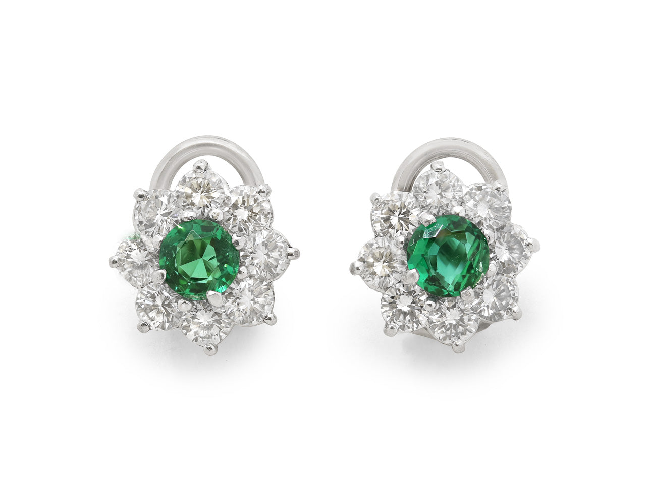 Suite of Emerald and Diamond Cluster Necklace, Bracelet and Earrings in Platinum