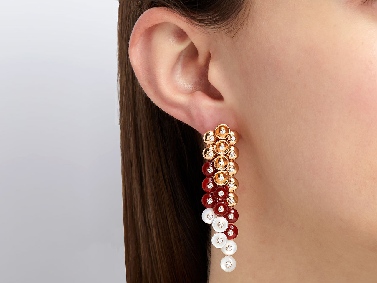 Van Cleef & Arpels 'Bouton d'or' Carnelian, Mother-of-Pearl and Diamond Earrings in 18K Rose Gold