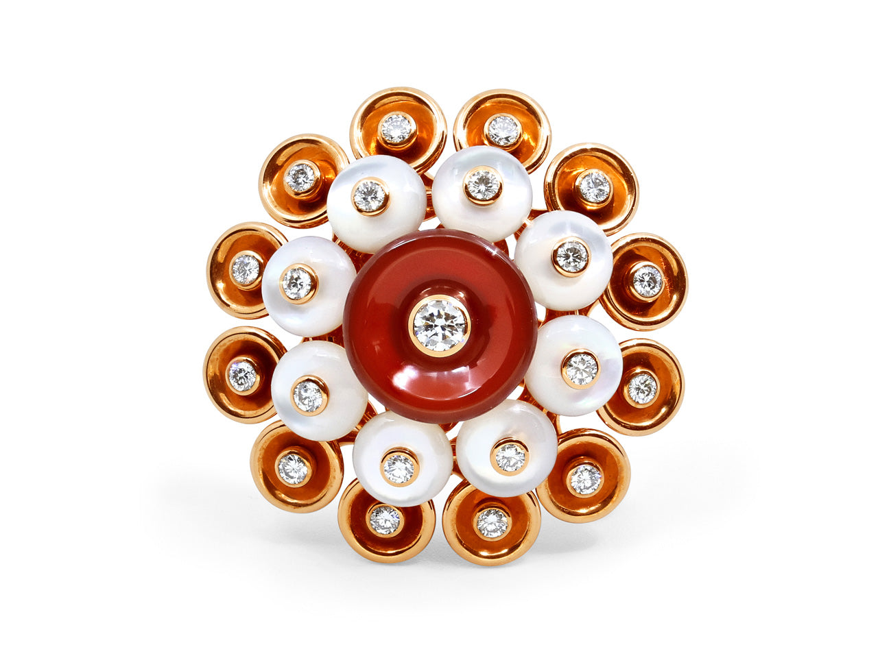 Van Cleef & Arpels 'Bouton d'or' Carnelian, Mother-of-Pearl and Diamond Ring in 18K Rose Gold