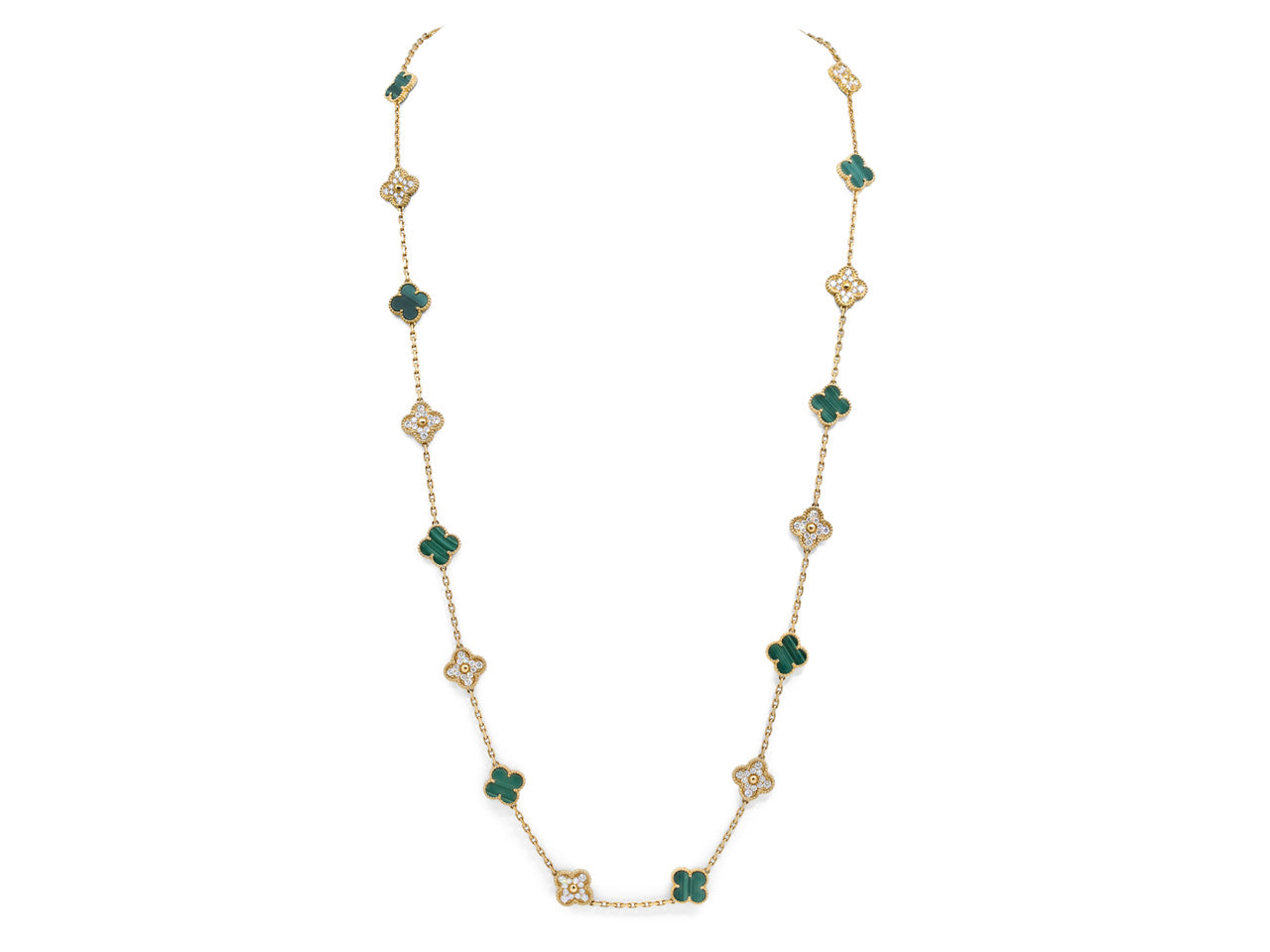 Van Cleef & Arpels 'Vintage Alhambra' Malachite and Diamond Necklace, 20 Motifs in 18K Gold