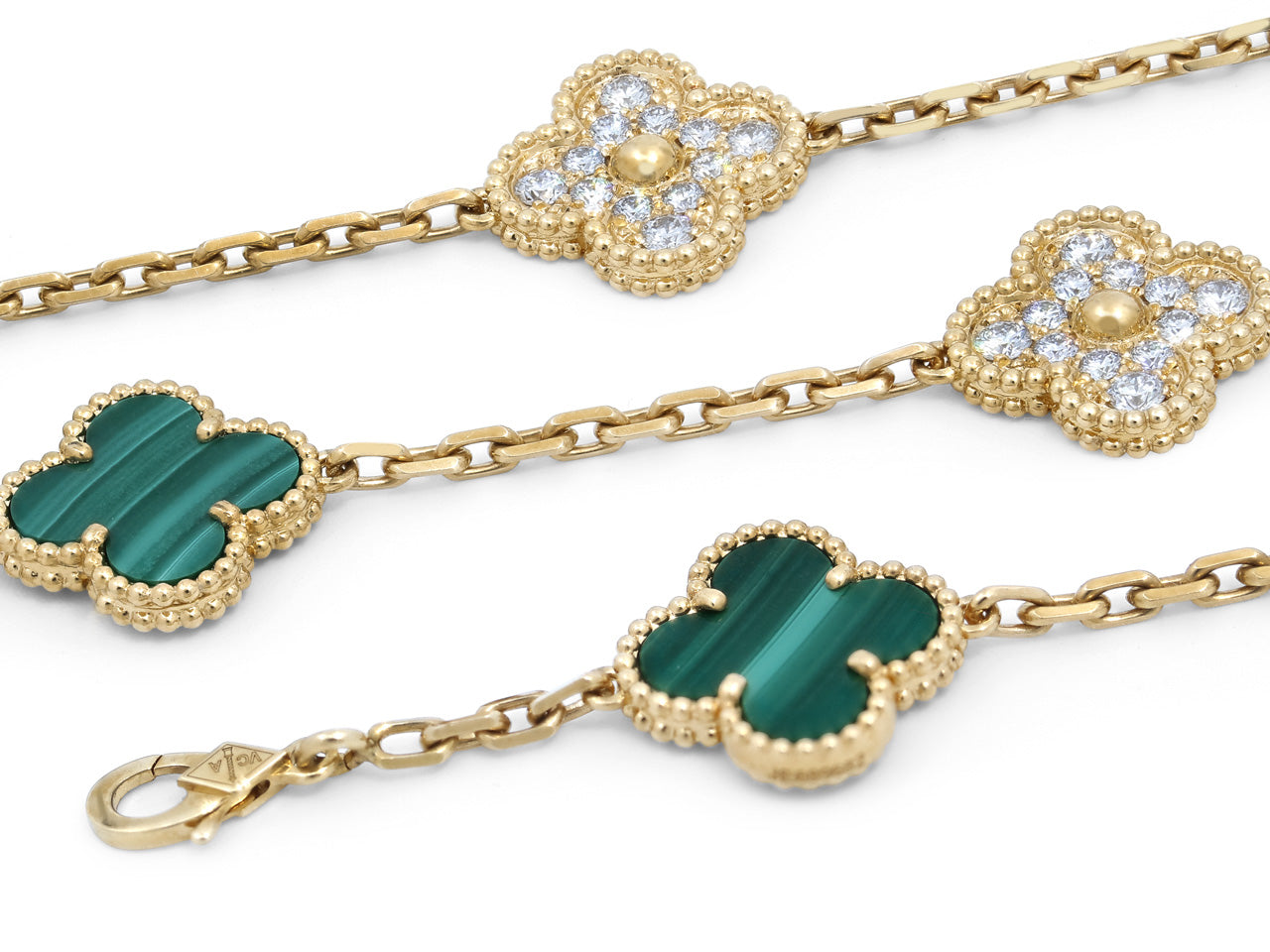 Van Cleef & Arpels 'Vintage Alhambra' Malachite and Diamond Necklace, 20 Motifs in 18K Gold