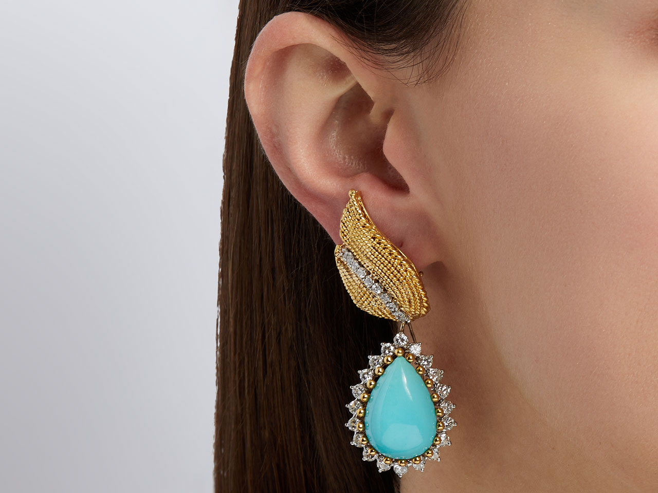 Mid-Century Turquoise and Diamond Drop Earrings in 18K Gold