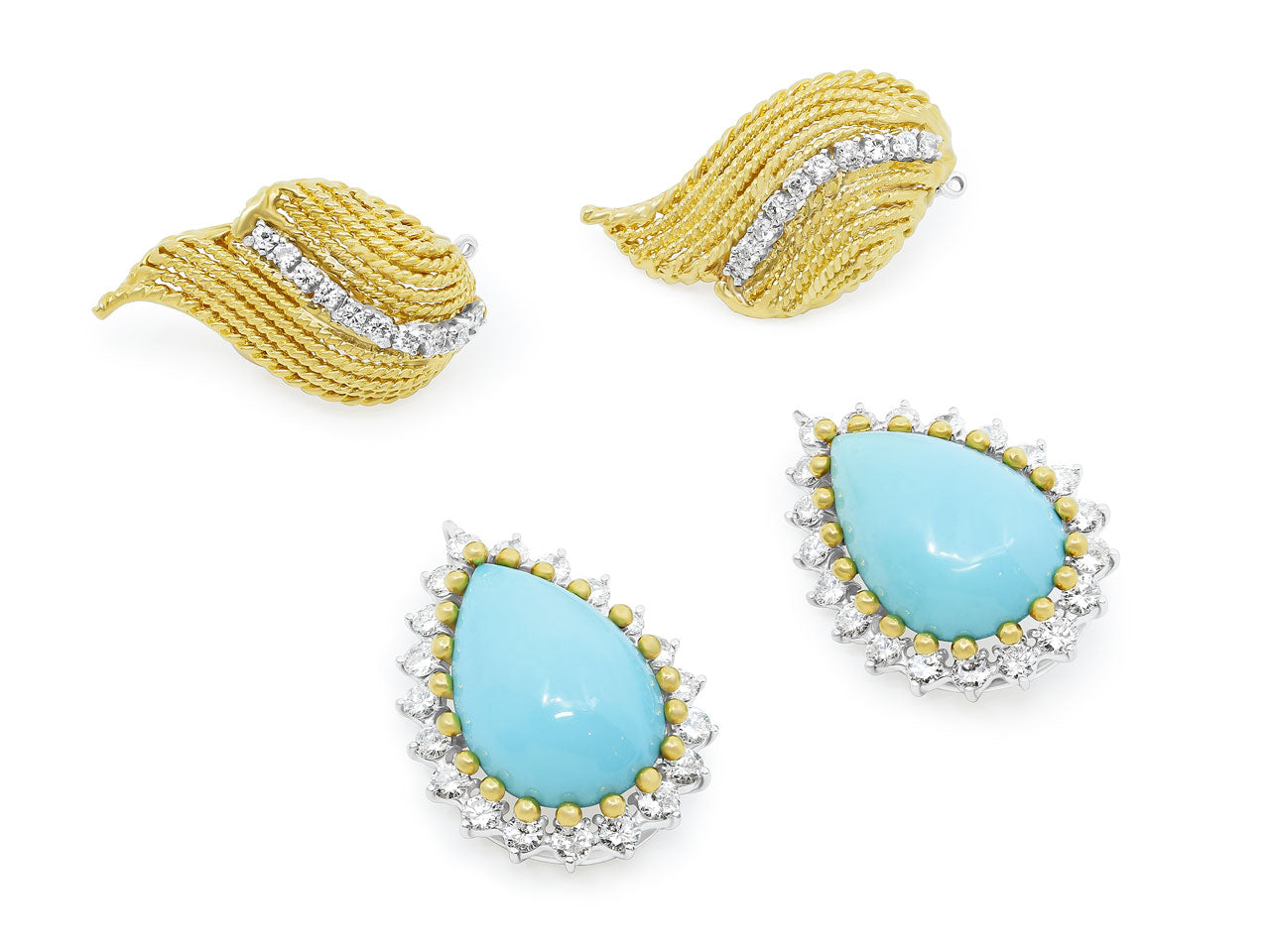 Mid-Century Turquoise and Diamond Drop Earrings in 18K Gold