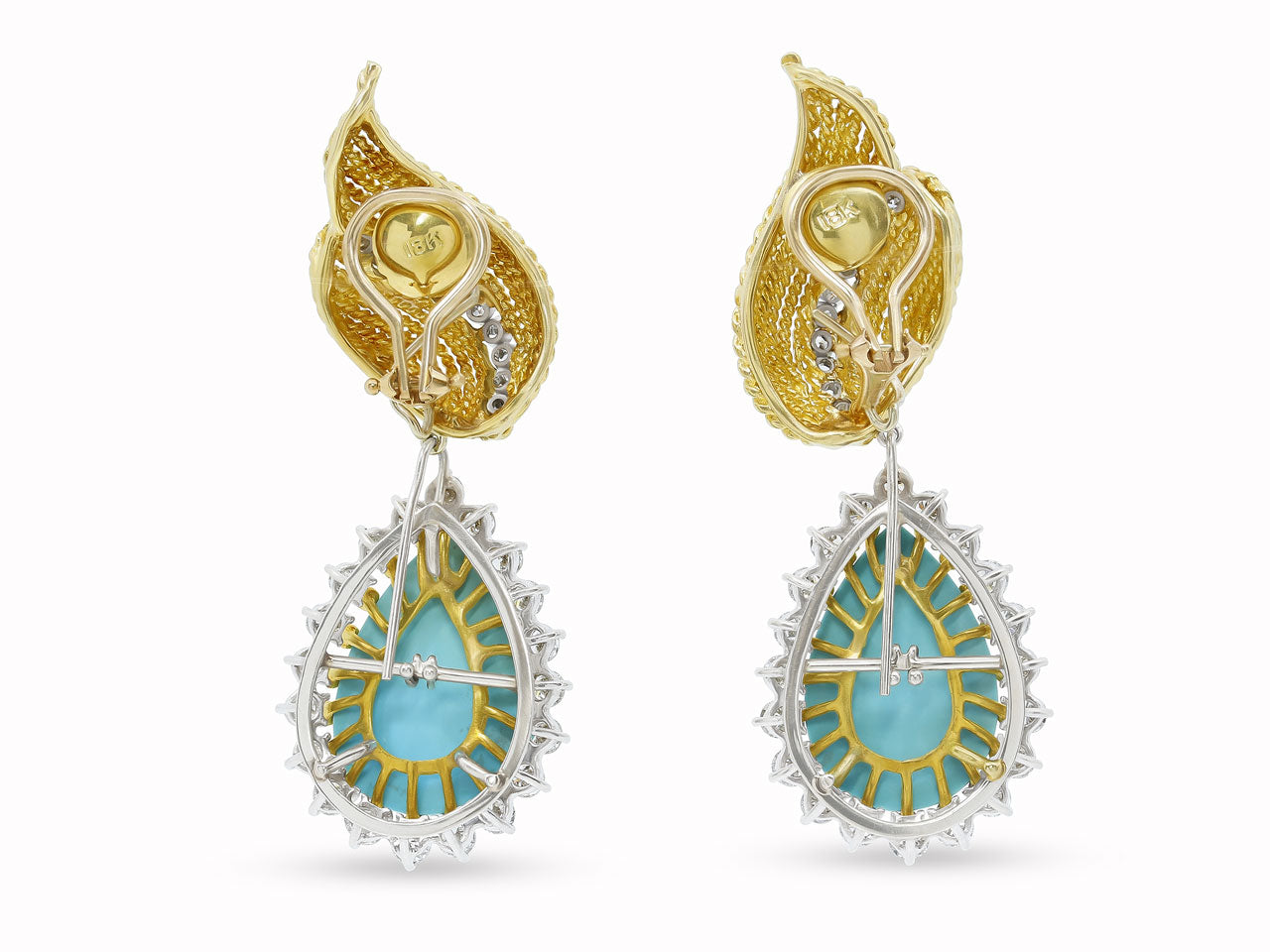 Mid-Century Turquoise and Diamond Drop Earrings in 18K Gold