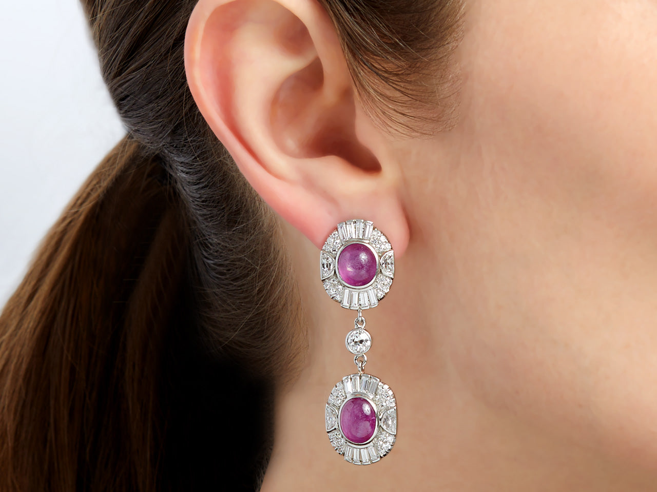 Beladora 'Bespoke' Art Deco Star Ruby and Diamond Earrings in Platinum