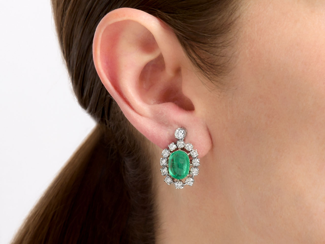 Cabochon Emerald and Diamond Earrings in Platinum