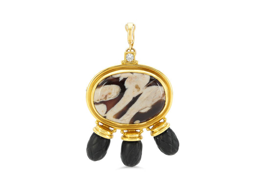 Elizabeth Gage Diamond, Jasper and Ebony Brooch/Pendant in 18K Gold