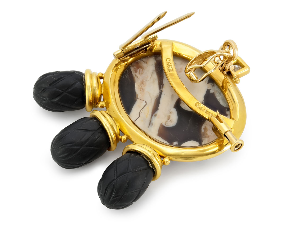 Elizabeth Gage Diamond, Jasper and Ebony Brooch/Pendant in 18K Gold